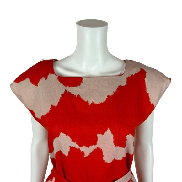 Vintage 80s Sheath Dress Women's Medium Red White Artistic Faux Linen - Picture 5 of 11